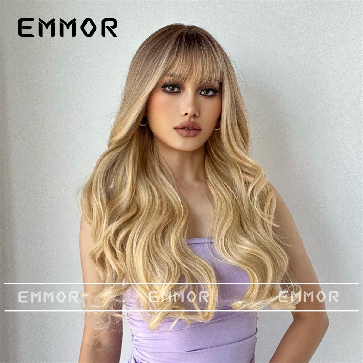 Cubierta de cabeza completa de comercio exterior transfronterizo europeo y americano Negro Gradiente Dorado Bangs largo pelo rizado Peluca de onda grande para las mujeres