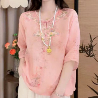 Artistic Style Digital Print Shirt with Diagonal Placket and Button Closure, Half-Sleeve, New Summer Model, Ramie Fabric, Elegant Women's Blouse