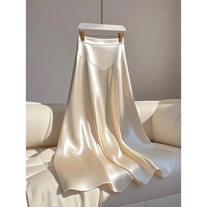 This Year's Hot-Selling Satin Skirt for Women 2026 Spring and Autumn High-Waisted Hip-Covering Slimming A-Line Umbrella Skirt Mid-Length Skirt