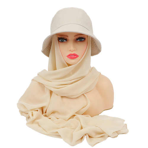 New fashion monochrome suit headscarf, cross-border solid color chiffon and fisherman hat in one 2-piece scarf hat wholesale