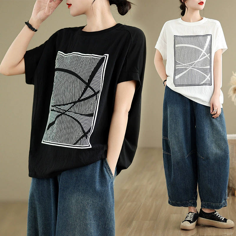 Реальная стрельба летом новый рукав с круглым вырезом летучей мыши рукава свободная футболка большой размер повседневный принт с короткими рукавами