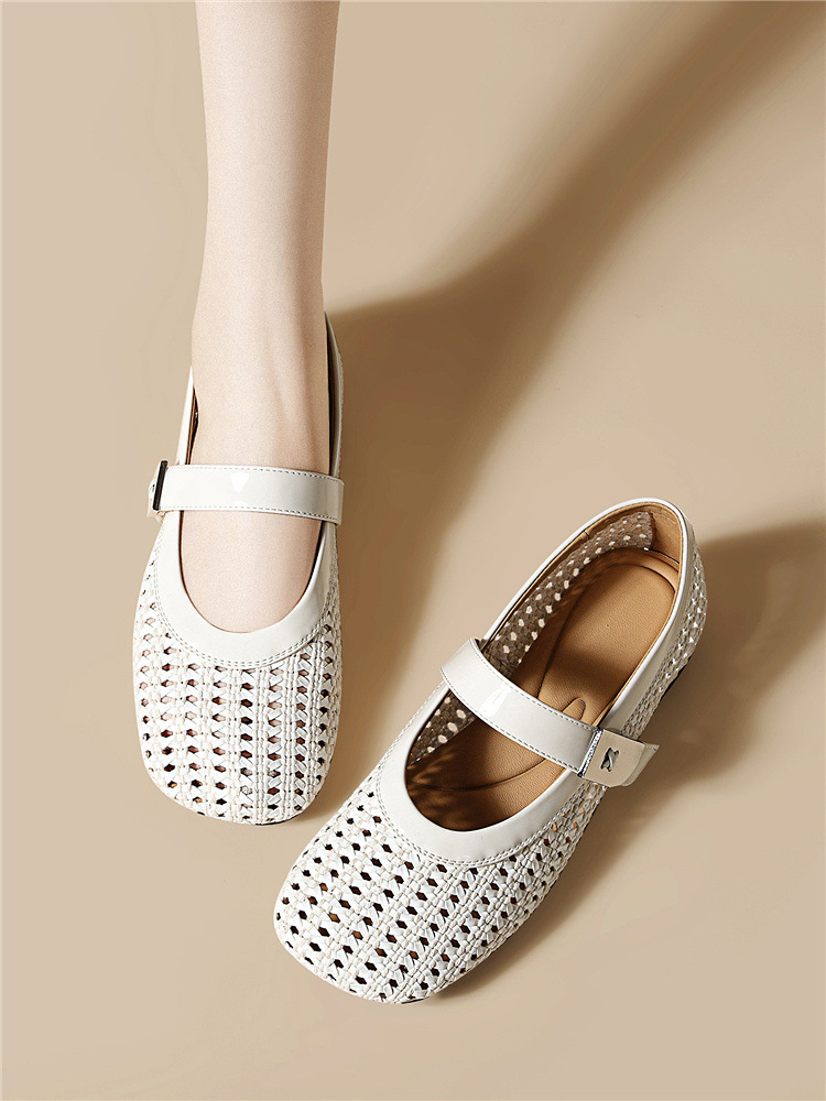 Dép sandal nữ da thật dệt rỗng mũi tròn đế bệt quai chữ V — 6057 Màu cà phê, 6057 Màu be chi tiết 7