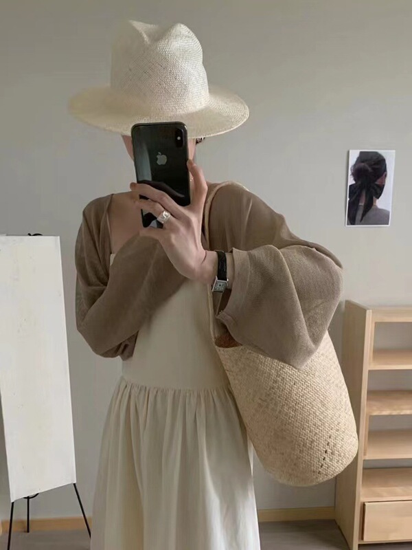 Linen Ice Silk Knitted Sun Protection Cardigan Top Women's Short French Waistcoat Blouse with Suspender Skirt Shawl Summer