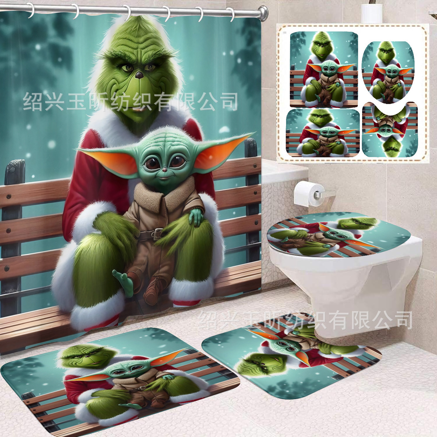 Tela de cortina de ducha transfronteriza, cortina de ducha impermeable, alfombra antideslizante de baño, juego de Grinch 4 de pelo verde al por mayor, sin perforación