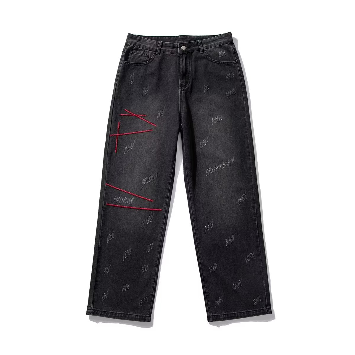 Men's Vintage Washed Denim Straight Leg Jeans Hip-Hop Style Cargo Pockets Streetwear Pants_mkmklike.com