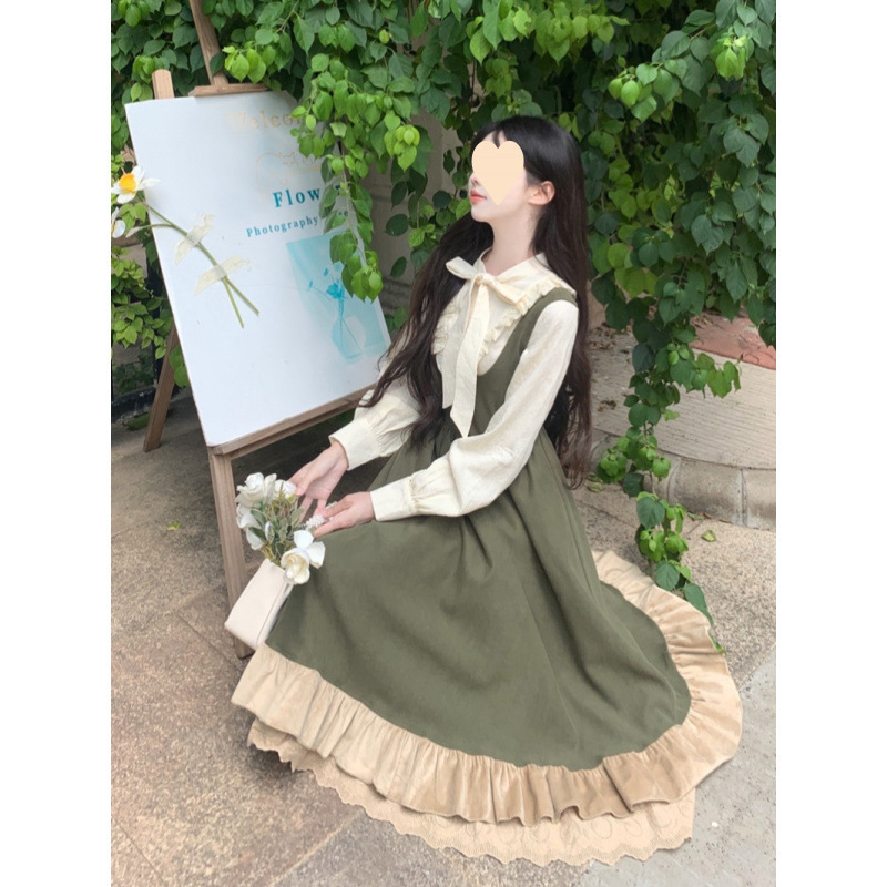 绿色背带连衣裙秋冬法式长裙气质轻学院风系带半高领衬衫两件套|undefined