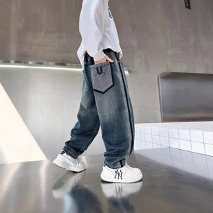 Children's Wear Boys Jeans 2024 Autumn New Style Duffy Handsome Style Boys Pants Children's Straight Leg Pants Big Children's Casual Pants