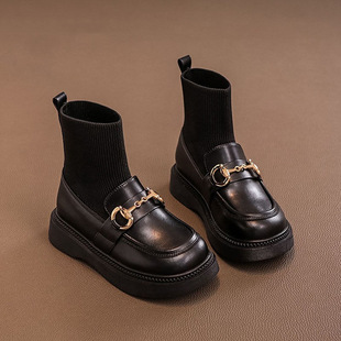 Girls' Fashion Ankle Boots Autumn 2024 New Children's Knitted Stitching Leather Boots Big Children's Shoes Fashion Mid-Socks Boots