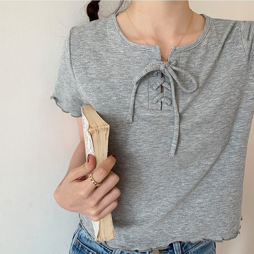 High-waisted Short-Sleeve T-Shirt for Women, Summer, Slim-Fit, Petite Design, with Ruffled Hem, Solid-Color Top