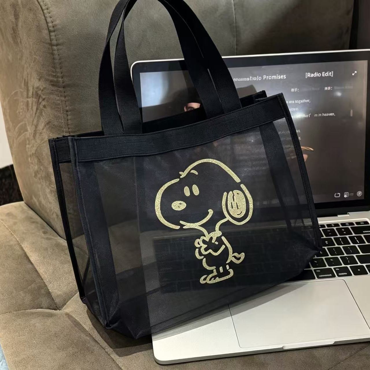 Snoopy Ağ Kumaş Taşınabilir Büyük Kapasiteli Şeffaf Ağ Basit Tasarım Günlük Çıkışlar Alışveriş Eşyaları İçin