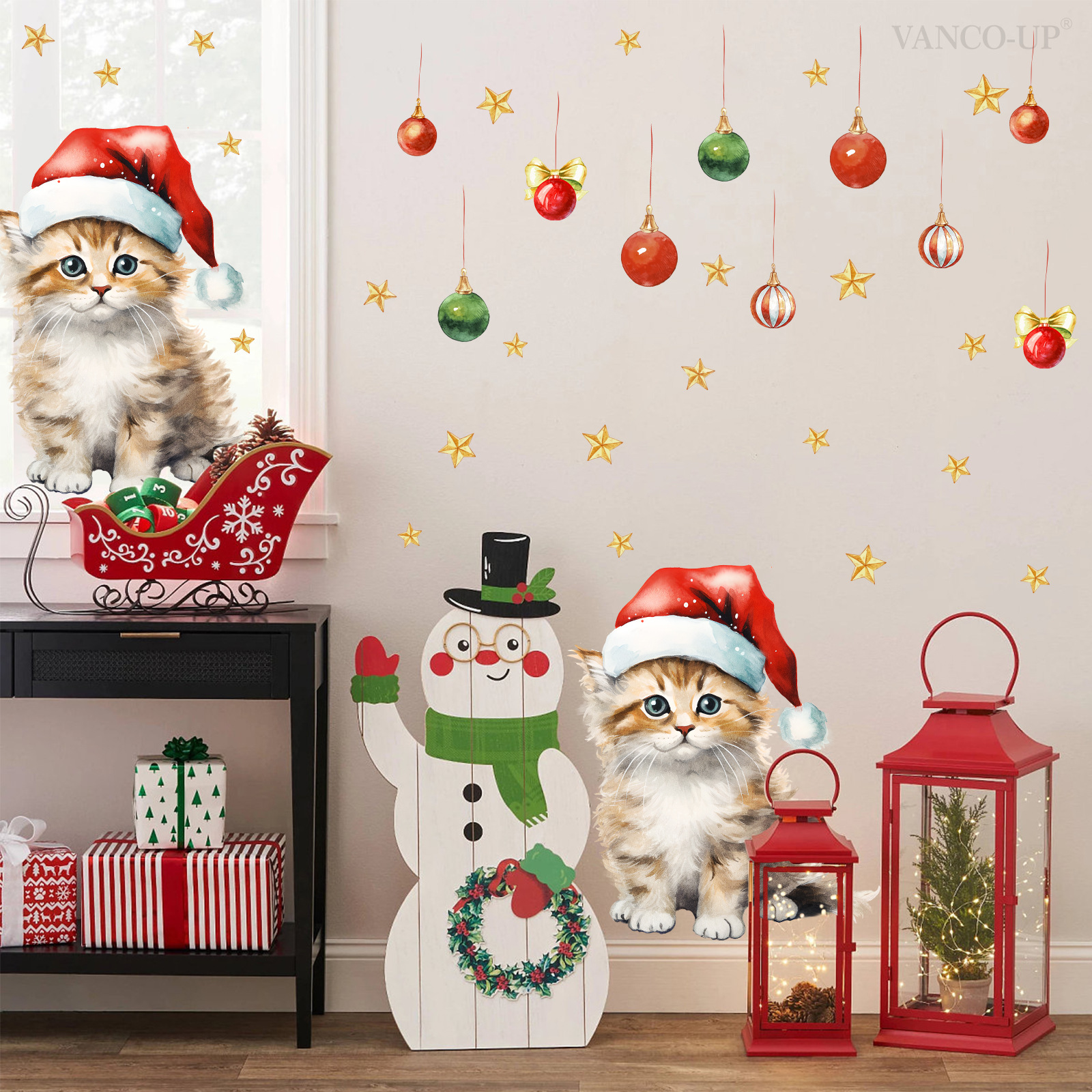 Adesivo de parede de natal com gatinho e boneco de neve_voghion.com