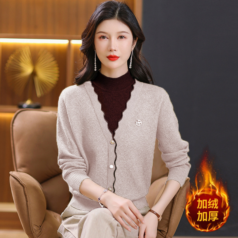 2024 새로운 봄웨어 얇은 슬리밍 여성용 가짜 2 종 중년 어머니 스웨터 느슨한 풀오버 니트 스웨터