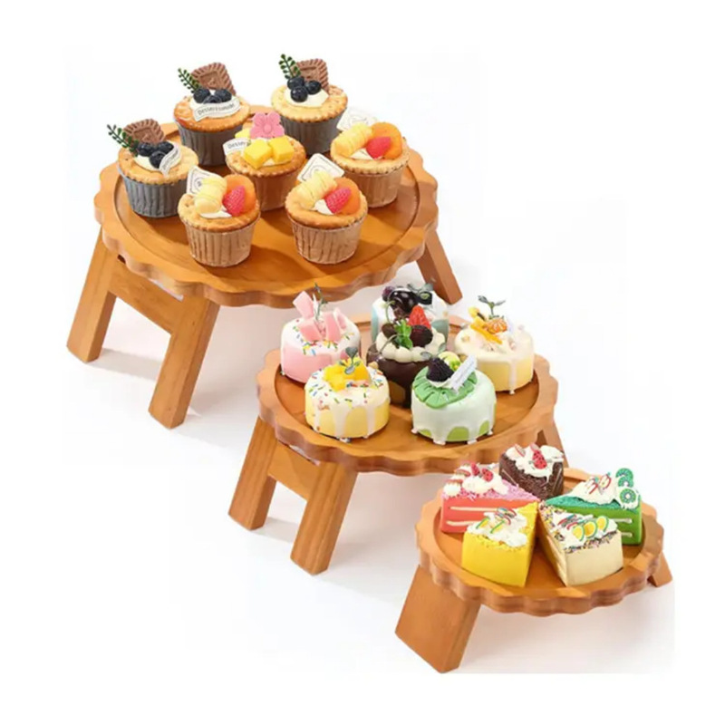 Bamboo Three-Tier Foldable Cupcake Stand Restaurant Serving Tray Birthday Party Tiered Wedding Dessert Tray