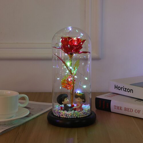 Eternal Rose Glass Cover Chinese Valentine's Day Street Stall Gift Colorful Gold Foil Flower Color Gold Simulation with Lights
