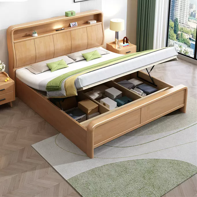 北欧实木床1.8米主卧室双人床1.5m带灯usb原木现代简约高箱储物床