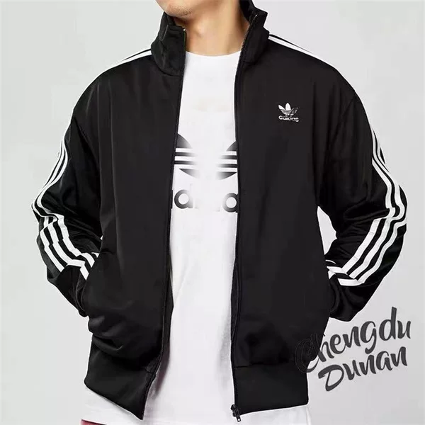 Three-Stripe Stand-Collar Sports Jacket with Embroidered Logo, High-Quality Replica, Pure Cotton, Loose Fit, Breathable, Trendy Cardigan Top