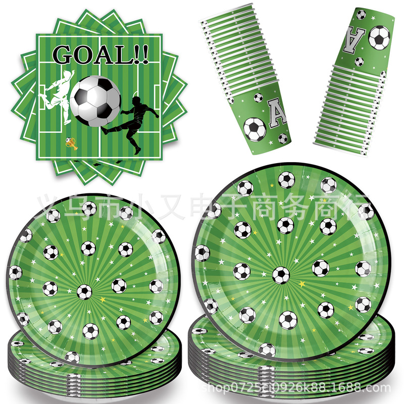 Cross-border New Green Football Theme Party Paper Tray Paper Cup Paper Towel Tablecloth Disposable Party Tableware suit Supplies