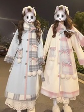 奶油甜妹穿搭 秋冬可爱蝴蝶结格子少女围巾+毛呢连衣裙外套两件套