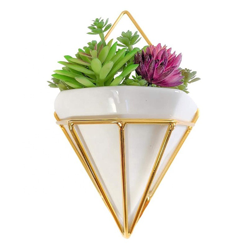 Electroplated iron stand white ceramic geometric polygon planter wall hanging pot plant for living room bedroom wall decoration