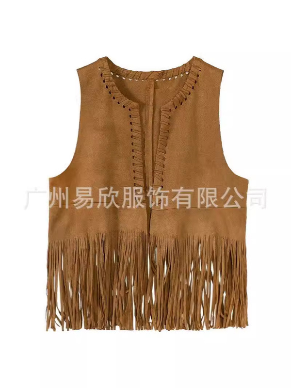 Women's Tassel Vest 70S Hippie Costume Faux Suede Sleeveless Tassel Cardigan Cowgirl Western Top