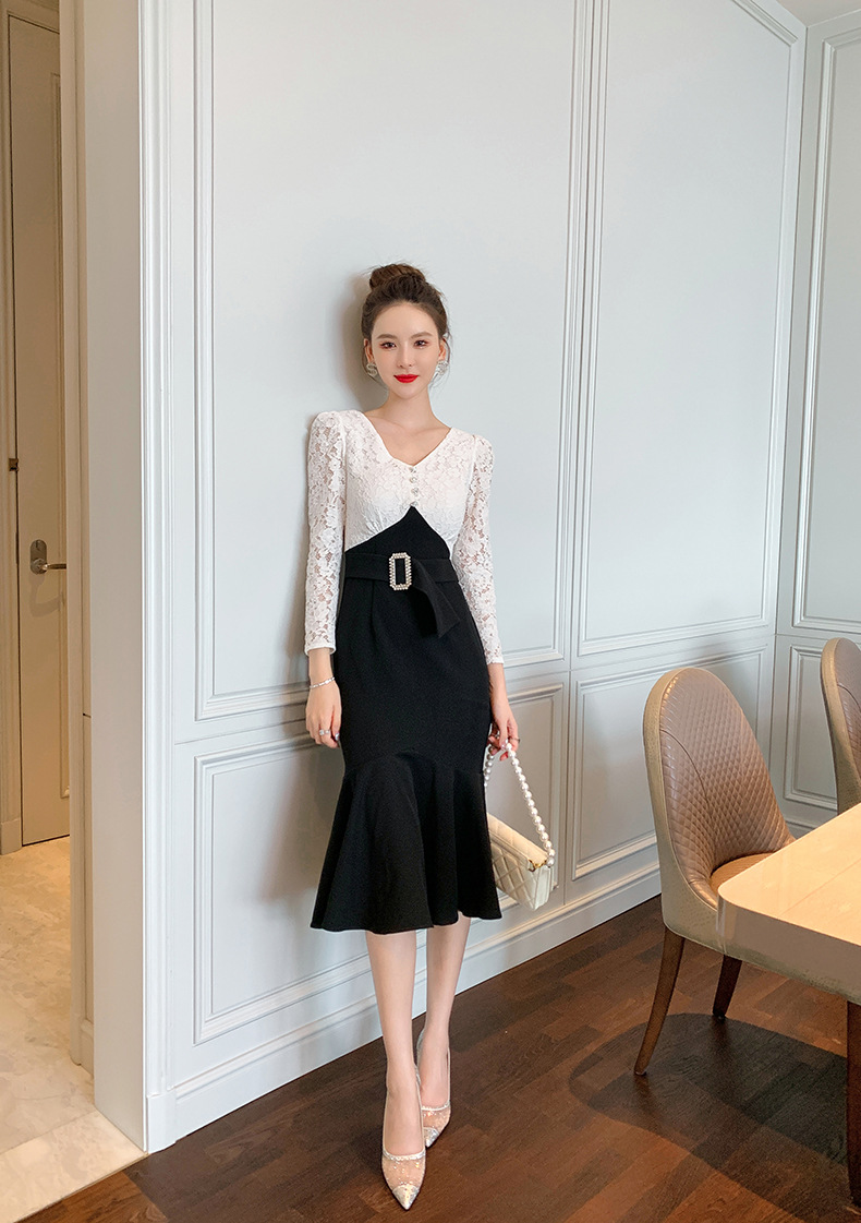 Đầm ôm body nữ cổ chữ V ren đuôi cá — Đen trắng chi tiết 17