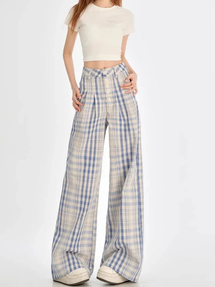 Pantalones casuales de piernas anchas a cuadros azules claros de mujeres otoño y invierno nuevos diseños de hebilla de cintura alta y pantalones de trapazón rectos sueltos y delgados image 1