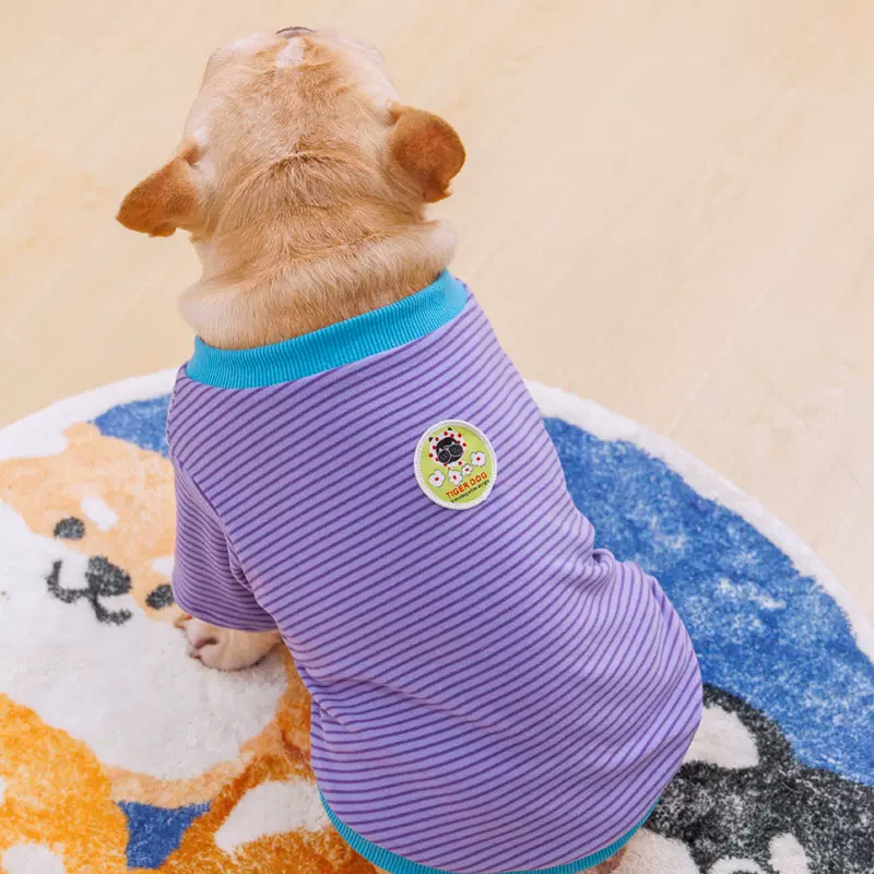 法斗胖狗短腿犬巴哥德绒彩条经典条纹弹力保暖居家T恤衫