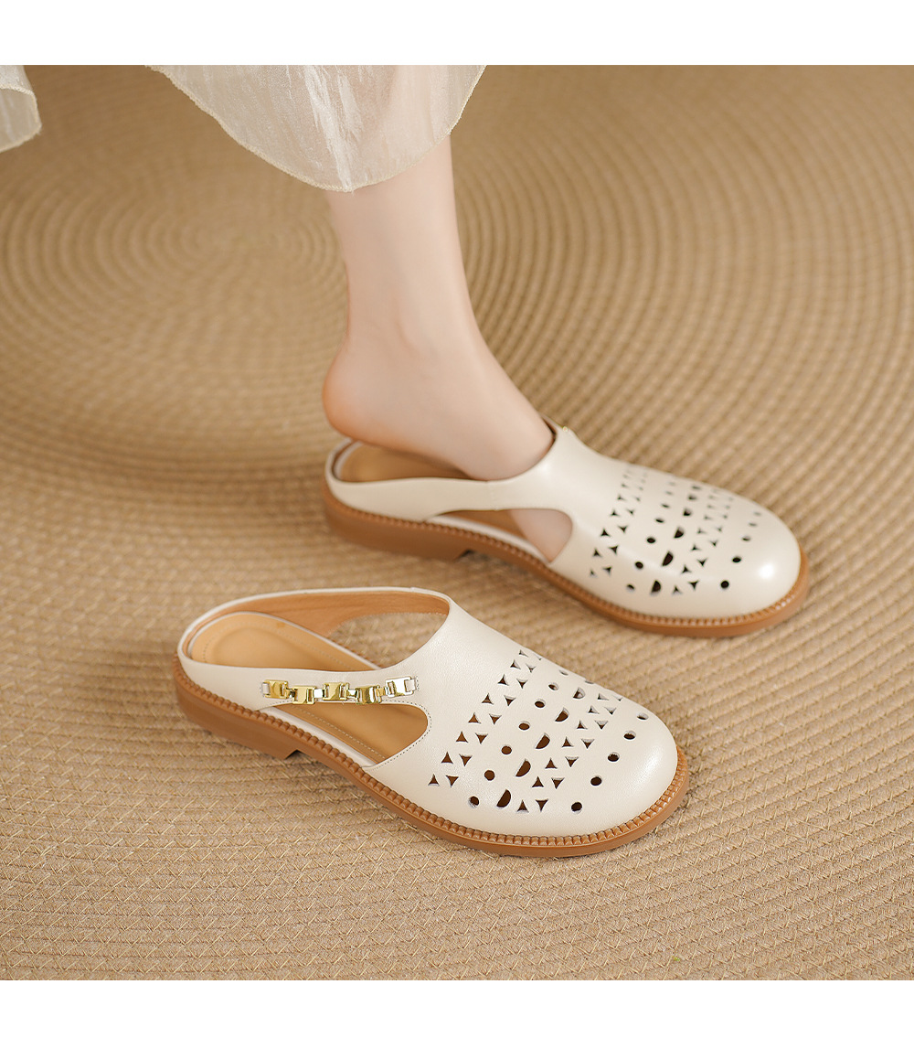 Dép sandal nữ da bò mũi trùm đế bệt kiểu lỗ thoáng khí — đen chi tiết 2