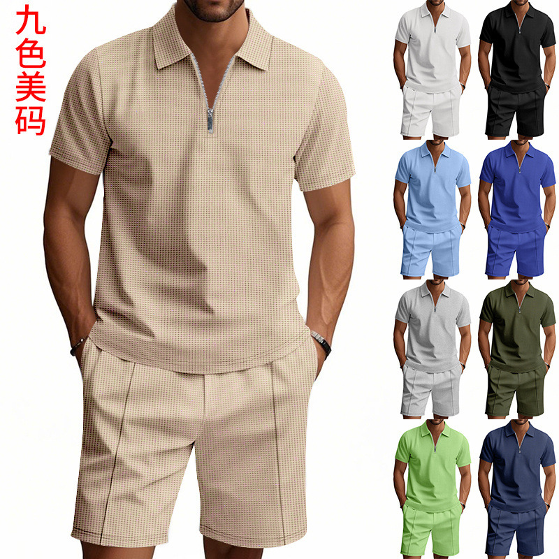 국경 간 아마존 미국 여름 남성 심플 캐주얼 루즈 지퍼 반팔 폴로 셔츠 비치 반바지 정장