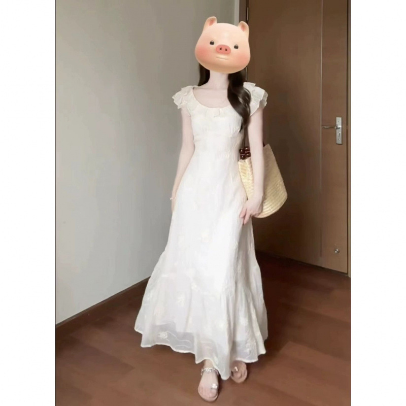 French Style Elegant High-end Exquisite Tight Waist Belly Covering Slimming Gauze Dress Dress Women's Summer 2025 New Style