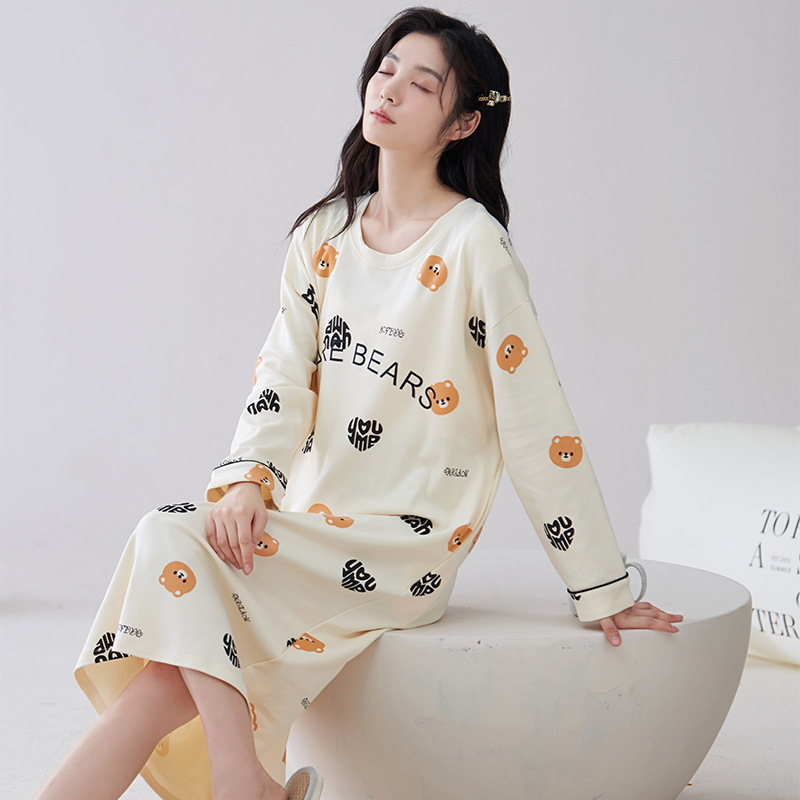 [Customized] pijama con cojín de pecho de primavera y otoño de algodón vestido de mangas largas de fresas dulce vestido de algodón vestido para el hogar