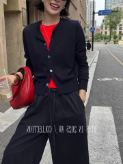 2025早秋新款圆领系扣长袖假两件羊毛针织衫开衫百搭柔软减龄