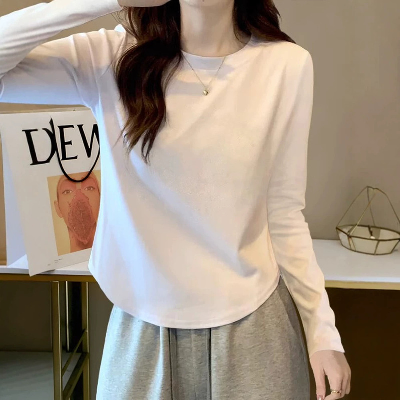 Long-Sleeved T-Shirt for Women, Spring Season, Pure Cotton, Slimming, Irregular Design, Short Style, Pure White, Petite Base Shirt Top Long-Sleeved T-Shirt for Women, Spring Season, Pure Cotton, Slimming, Irregular Design, Short Style, Pure White, Petite Base Shirt Top