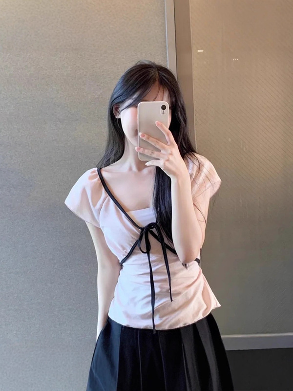 甜美收腰显瘦蝴蝶结绑带v领短袖T恤女夏季时尚减龄百搭小个子上衣|undefined