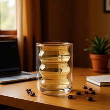 彩色双层玻璃杯牛奶杯咖啡杯高硼硅厂家批发彩色内胆螺旋纹玻璃杯