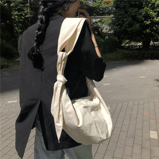 Korean Style Summer New Ins Blogger Recommends Canvas Shoulder Bag Lace-Up Knotted Dumpling Bag Cross-Body Bag Women's Chest Bag