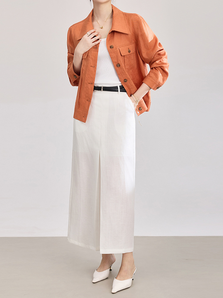 Chân váy xếp ly nữ cạp trung thấp, chất liệu tencel linen phối sọc răng cưa, xẻ tà — Xanh lông mòng đen
