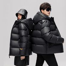 黑金情侣羽绒服男女同款2025冬季新款连帽加厚保暖短款白鸭绒外套