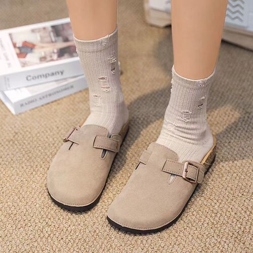 French retro soft-soled closed-toe velvet half slippers, thick-soled slip-on flat Birkenstock shoes