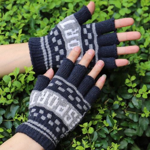 Men's Knitted Half-Finger Woolen Small Embroidered Half-Length Outdoor Warm Knit Gloves Acrylic