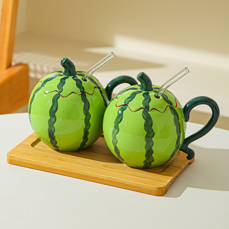 Creativo encantador popularidad en línea sandía taza de paja de cerámica taza de diseño original taza de personalidad taza de bebida fría taza de agua