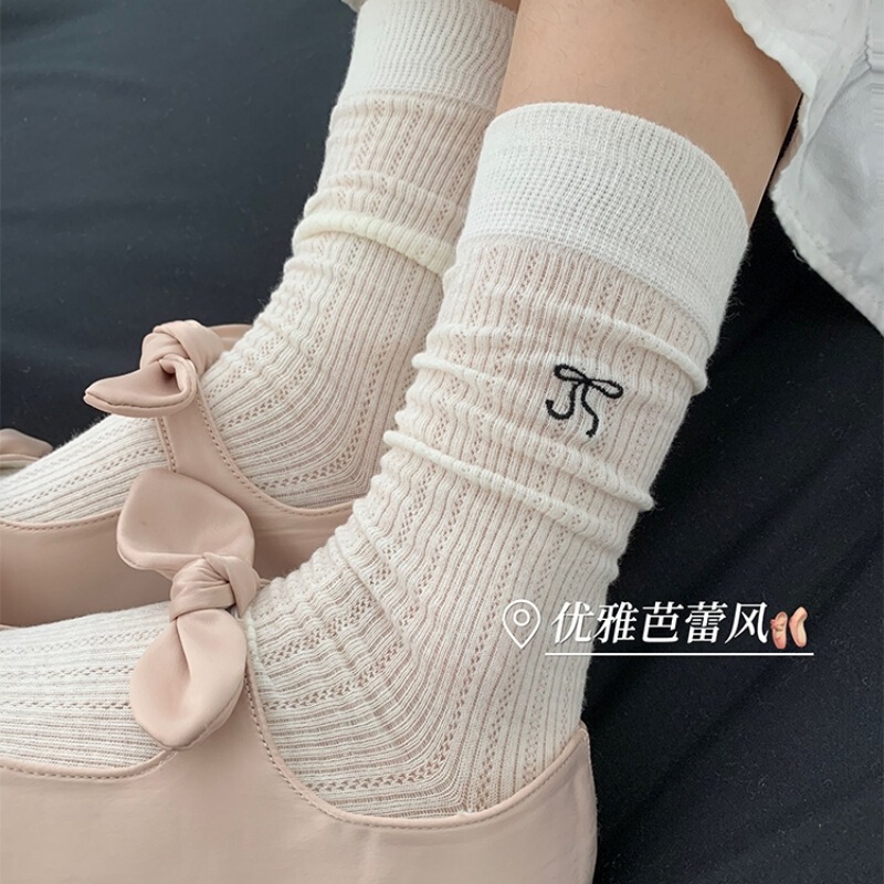 Socks Women's Summer Stacking Socks Thin Sweat Absorbing Breathable Odor-proof Summer Solid Color Mid-tube Moon Socks Bow Cotton Socks