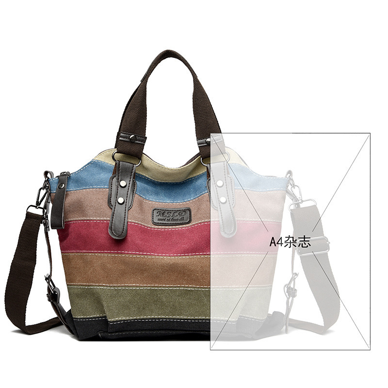Cross-Border New Canvas Casual Retro Fashion Academic Style Large Capacity Women's Shoulder And Crossbody Contrast Patchwork Bag - Thumbnail 4
