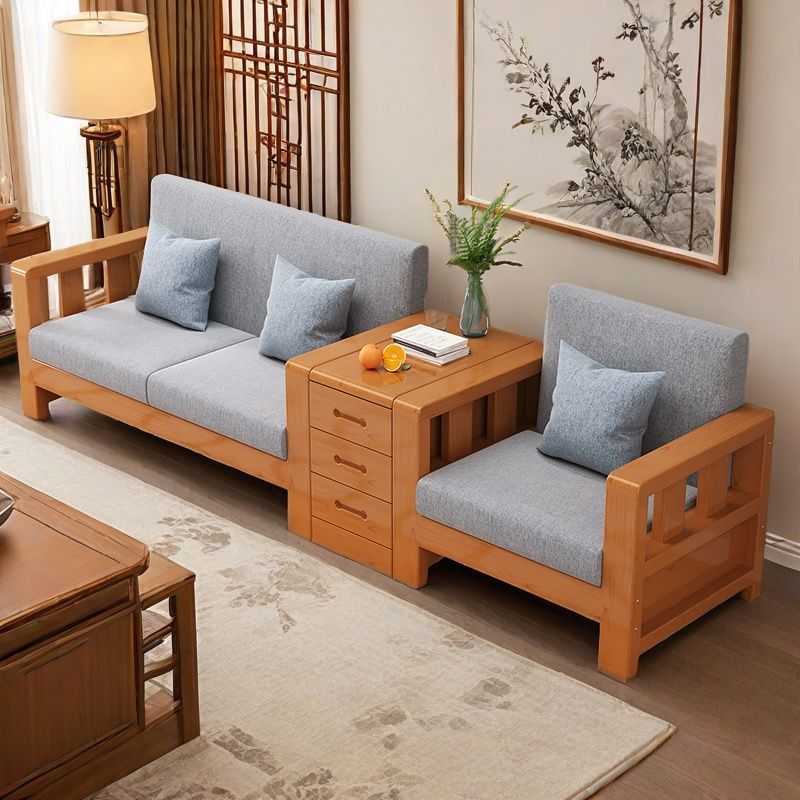 New Chinese Style Solid Wood Sofa Three-Person Combination Complete Set with Drawers Simple Modern Wooden Small Apartment Sofa Bench