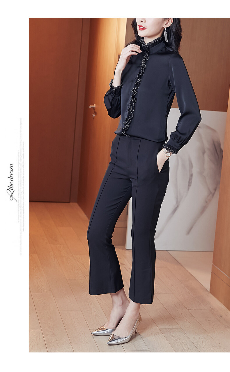 Satin chiffon stand-up collar, black ear-trimmed shirt for women, long-sleeved 2022 new Spring and autumn style, lace pic 15