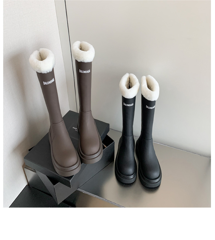 Boot nữ cổ cao lót nhung đế dày da bò giữ ấm mùa đông — Màu nâu ống lớn chi tiết 13