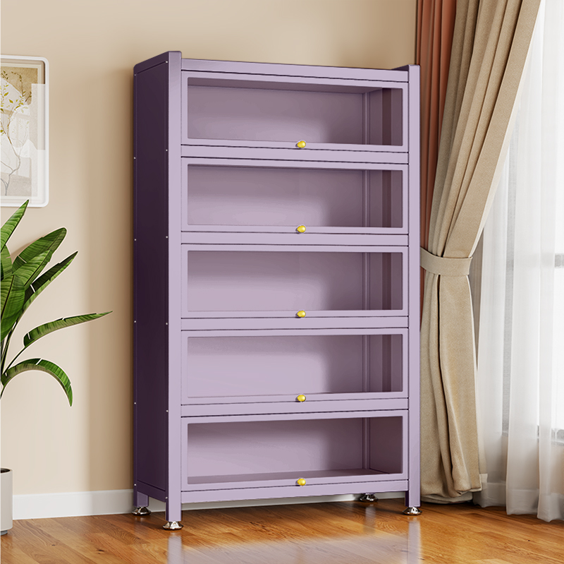 Steel Bookcase with Glass Doors for Home Use, Children's Bookshelf, Multi-Layer Display Cabinet for Living Room, Purple Iron Cabinet, Display Cabinet