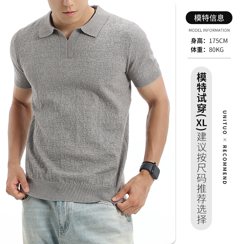 Europa y América transfronterizos textural hombre polo cuello V de punto de manga corta negocios casual alta sensación de ropa de hombre