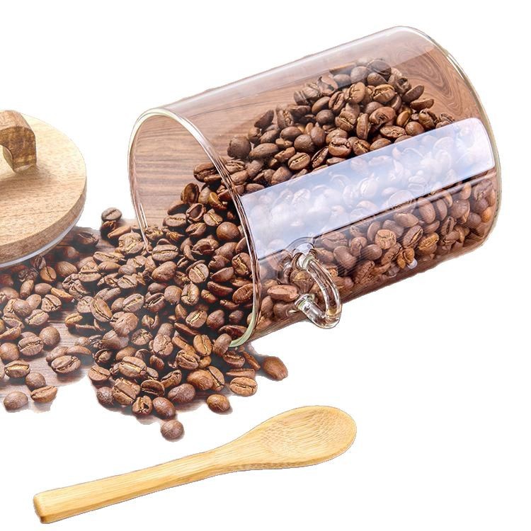 Granos de café con cucharas, frasco de vidrio sellado, tanque de almacenamiento de café en polvo, lata de té, caja de almacenamiento de granos