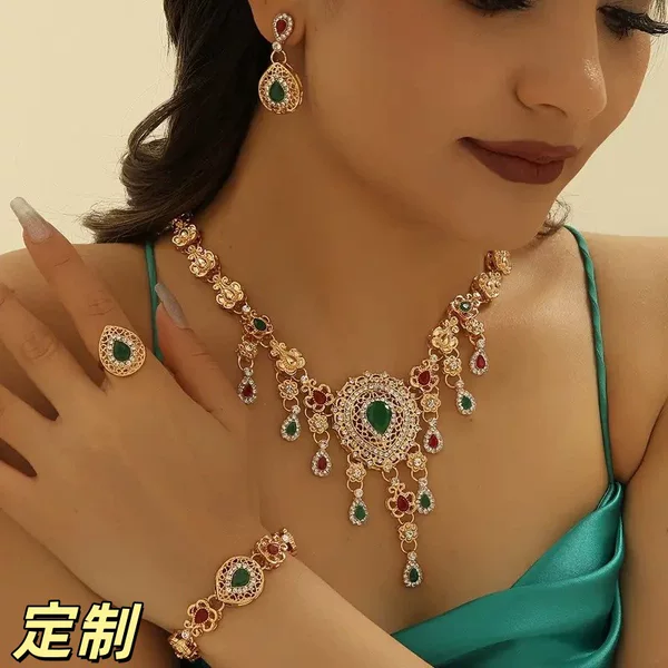 Vintage Middle Eastern four-piece set with hollowed-out water drop red and green gemstone necklace, earrings, bracelet, ring, dress accessories wholesale